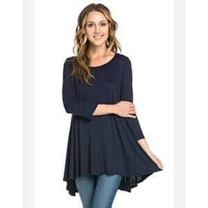 Frumos Tunic Women's Size 1X Navy Blue 3/4 Sleeve Swing High-Low Hemline